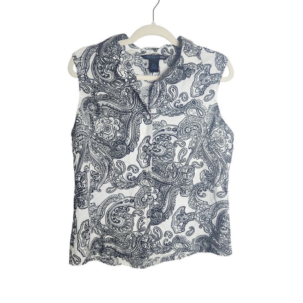 Saint Tropez West Linen Button Front Tank Sz XL black/white Paisley beachy boho